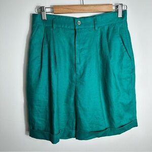 Classiques Petites Vintage Linen High Rise Pleated Shorts, Size 12P, Teal Green